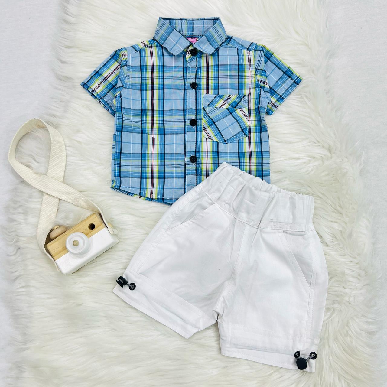 Sky Yellow Check Boy Shirt White Shorts Cotton