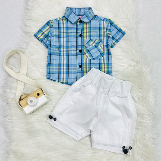 Sky Yellow Check Boy Shirt White Shorts Cotton