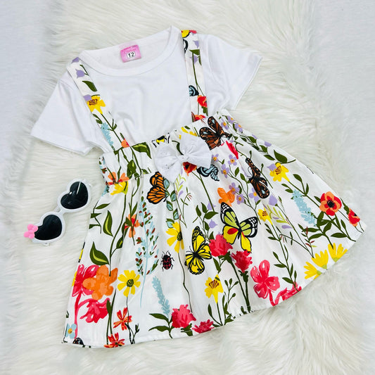 White Top Blended Butterfly Print Skirt Cotton
