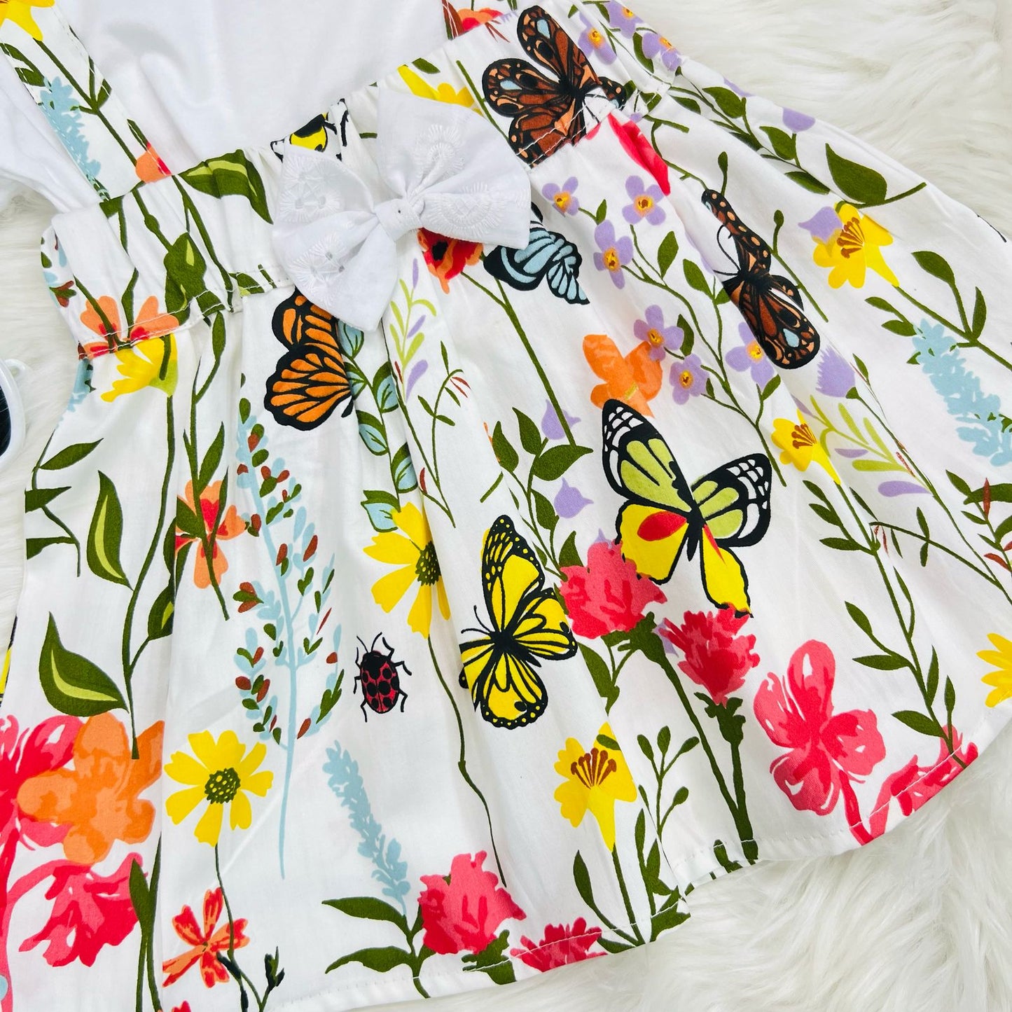 White Top Blended Butterfly Print Skirt Cotton