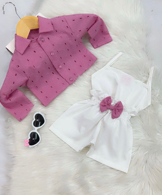 White Camisole Top White Shorts Tea Pink Chicken Kari Jacket