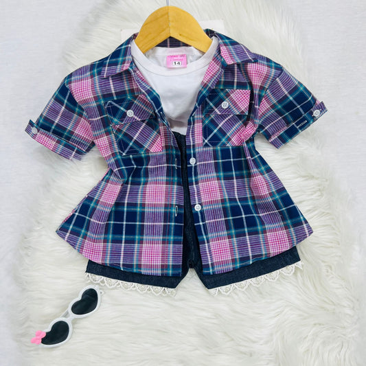White Shirt Blue Pink Check Button Down Shirt Cotton Navy Denim Shorts