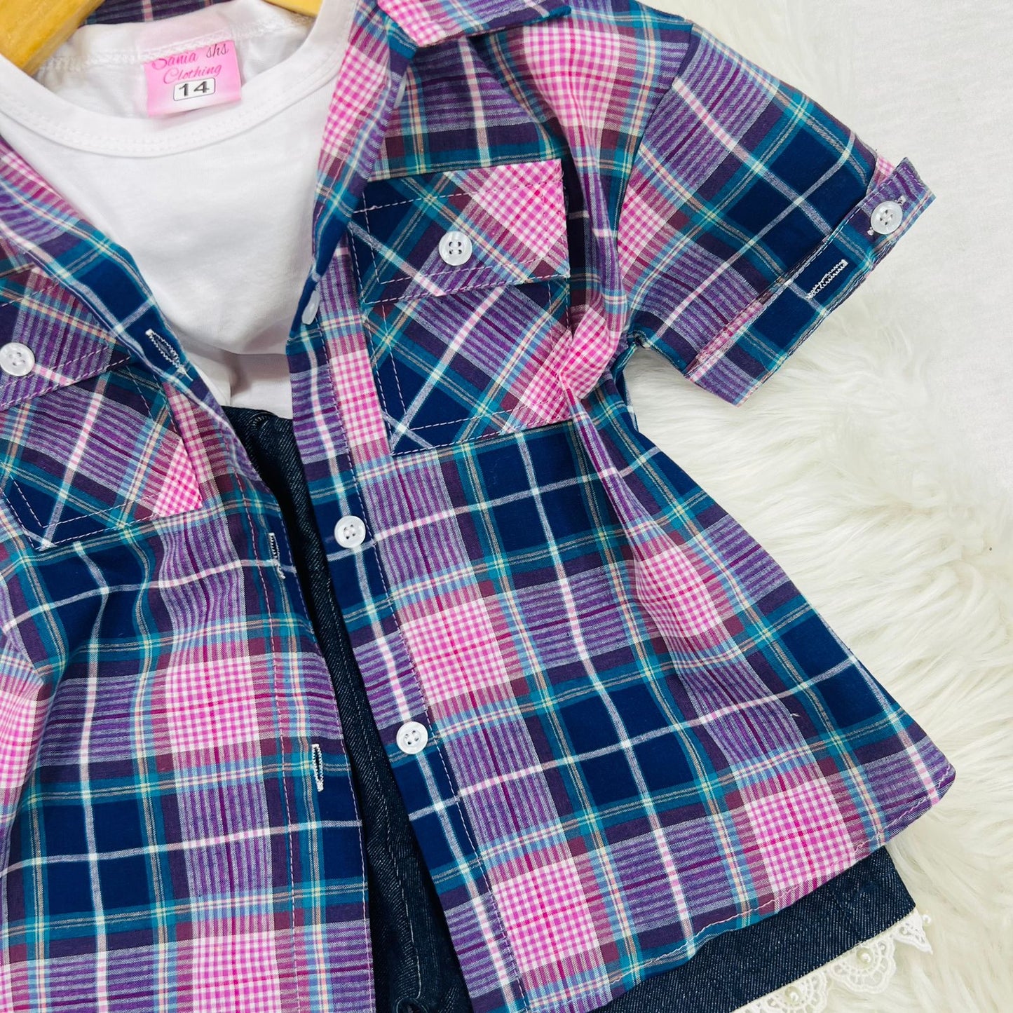 White Shirt Blue Pink Check Button Down Shirt Cotton Navy Denim Shorts