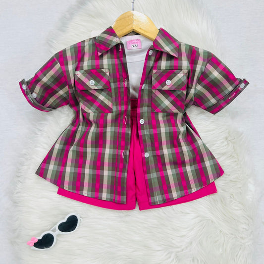 White Shirt Grey Pink Check Button Down Shirt Pink Shorts Cotton