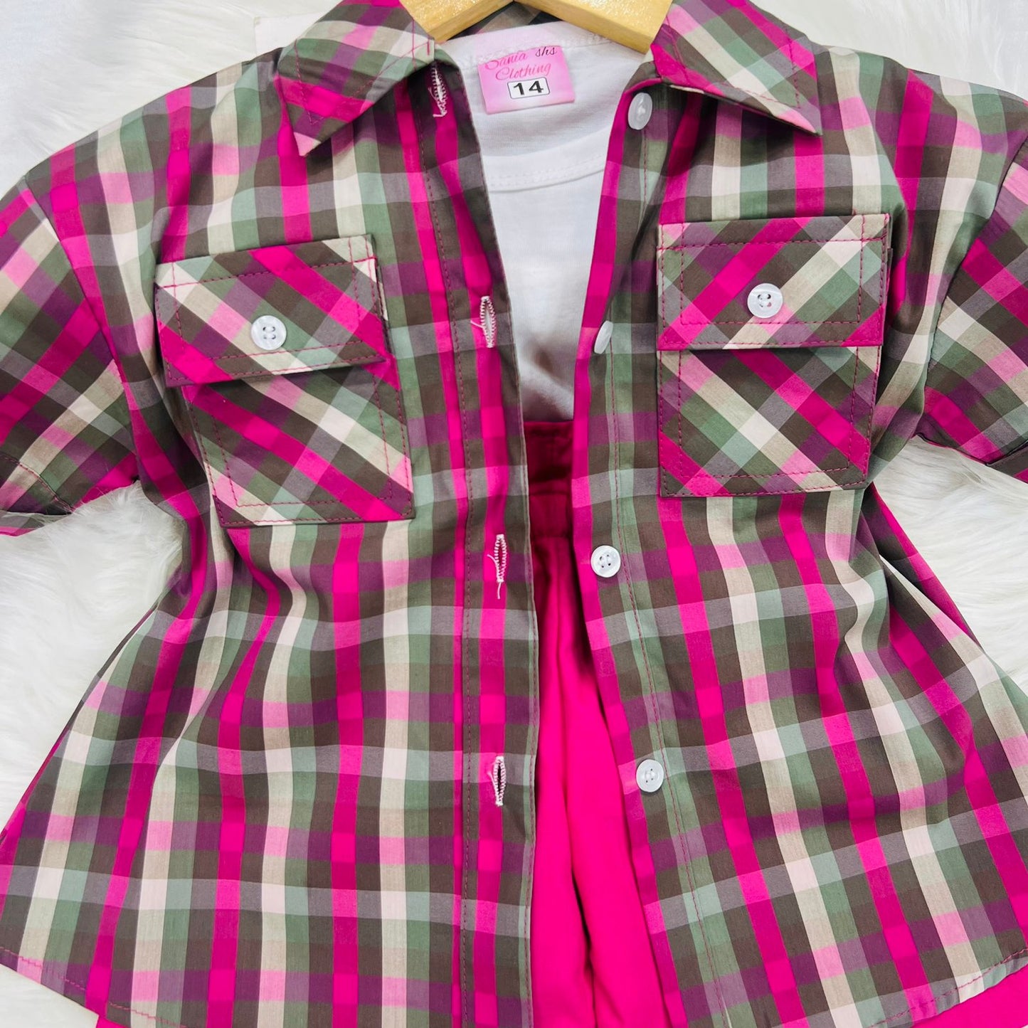 White Shirt Grey Pink Check Button Down Shirt Pink Shorts Cotton