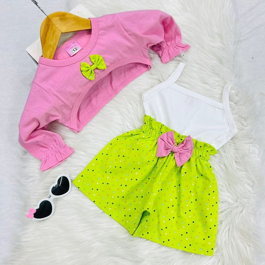 Baby Pink Coat White Camisole Top Parrot Polka Dot Shorts Blended Stuff