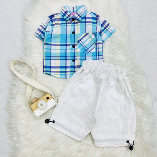 Sky Prulpe Check Boy Shirt White Shorts Cotton Stuff