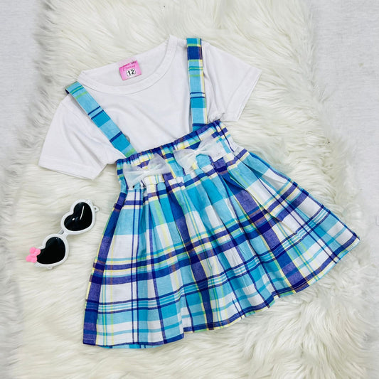 White Top Blended Sky Purple Check Skirt Cotton