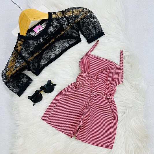 Black Net Coat Red Striped Camisole Top Red Striped Shorts Cotton