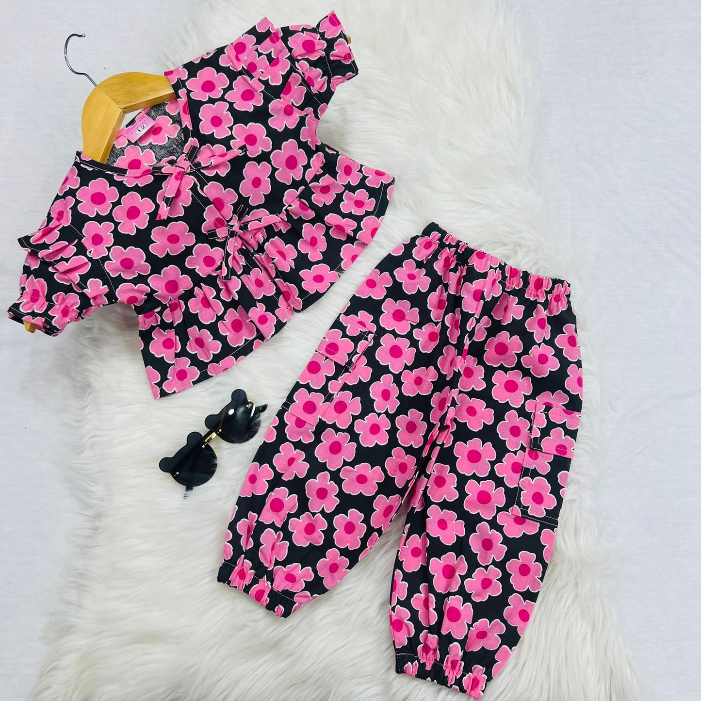 Black Pink Floral Top Trouser Cotton
