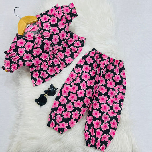 Black Pink Floral Top Trouser Cotton