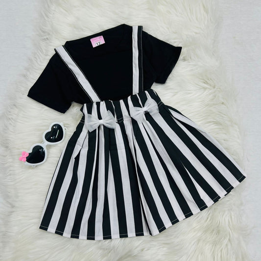Black Top Blended White Black Striped Skirt Cotton