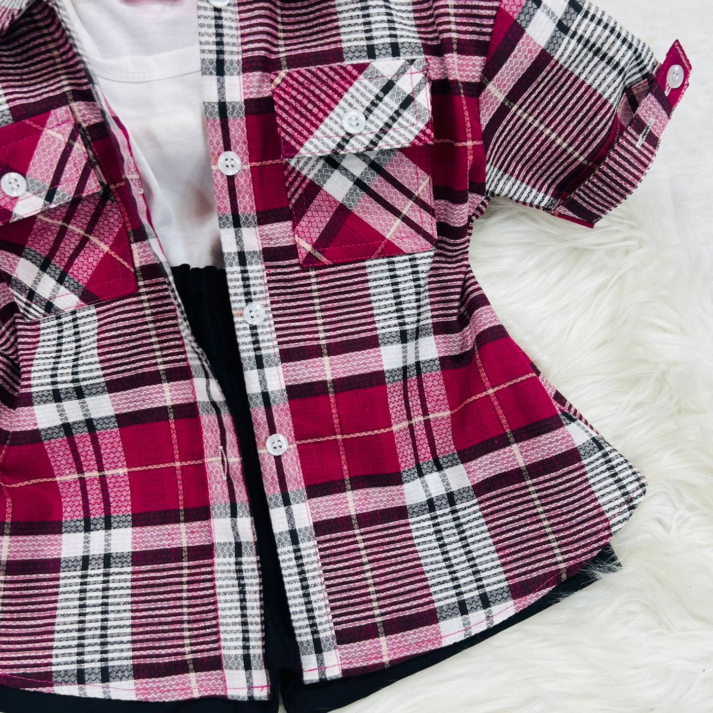 White Inner Blended Maroon White Check Button Down Shirt Black Shorts Cotton Stuff