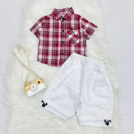 Maroon Check Shirt White Shorts Cotton