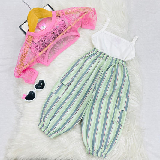 Baby Pink Net Coat White Camisole Parrot Striped Trouser Cotton