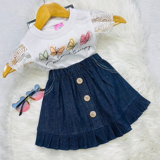 White Top Blended Navy Denim Skirt