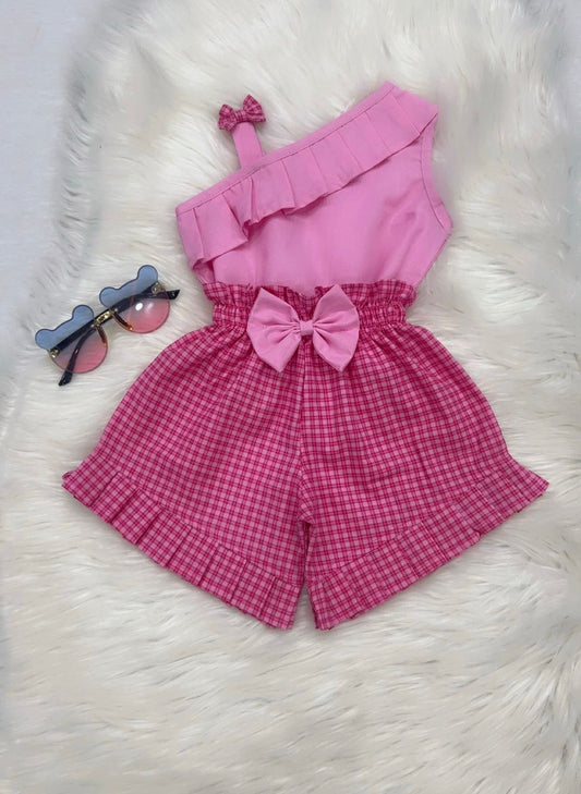 Pink Rose Top Shoulder Pink Check Short Cotton