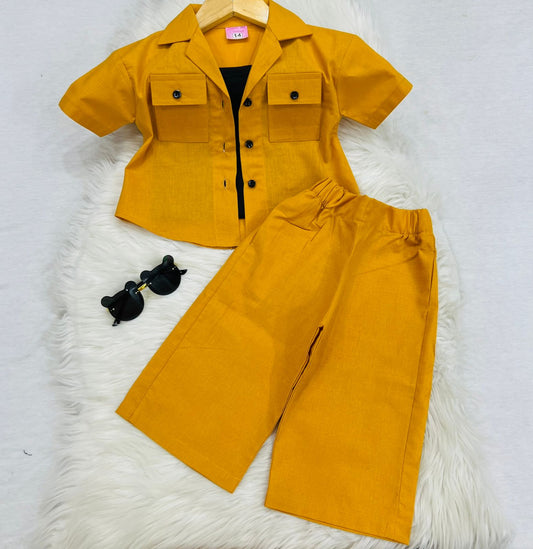 Black Camisole Top Mustard Button Down Shirt Trouser Cotton