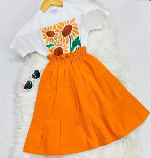 White Sunflower Top Blended Orange Plated Long Skirt Cotton