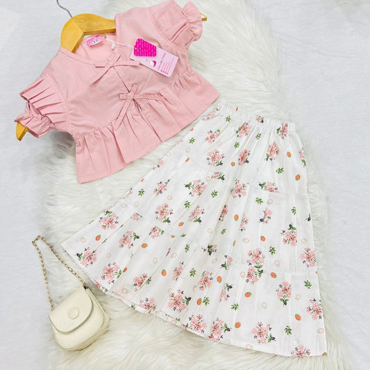 Tea Pink Mini Top White Floral Plated Long Skirt Cotton Stuff