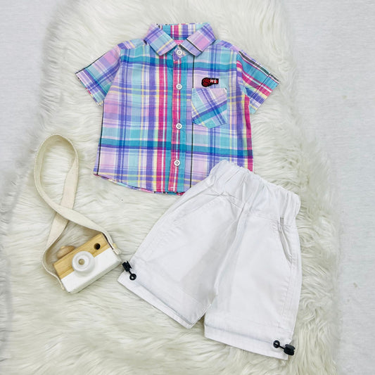 Sky Purple Check Shirt White Short Cotton Stuff