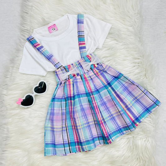 White Top Sky Purple Check Skirt Cotton