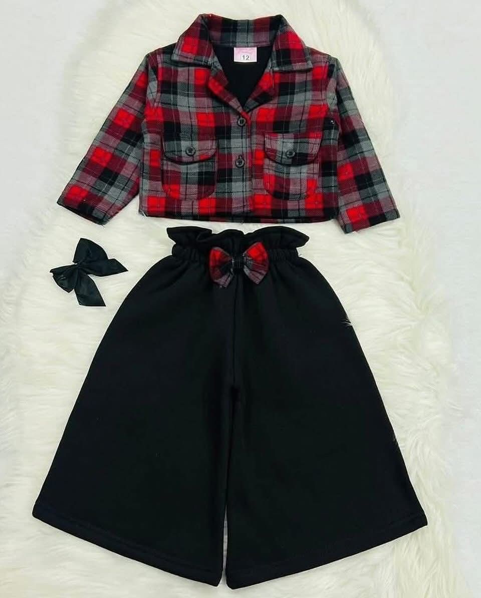 Red Black Check Coat Collar Black Trousers Fleece Stuff