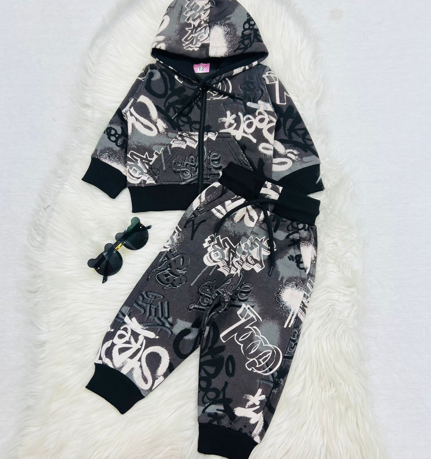 Grey Black Print Hoodie Trousers Fleece Stuff