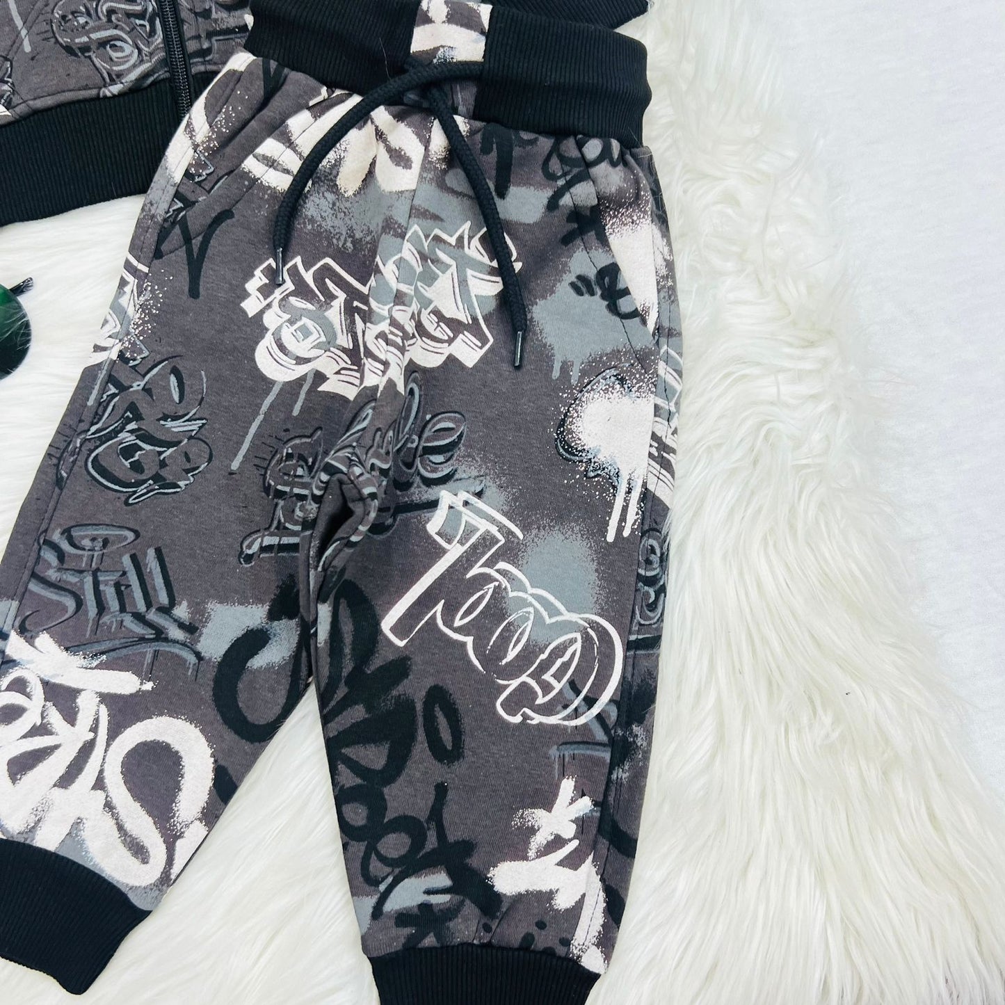 Grey Black Print Hoodie Trousers Fleece Stuff
