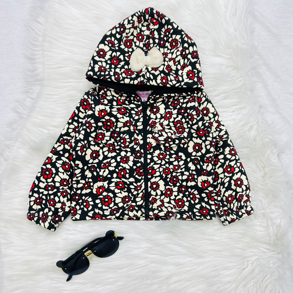 Baby girl's floral-printed zip hoodie and fleece dress outfit set furr frock
