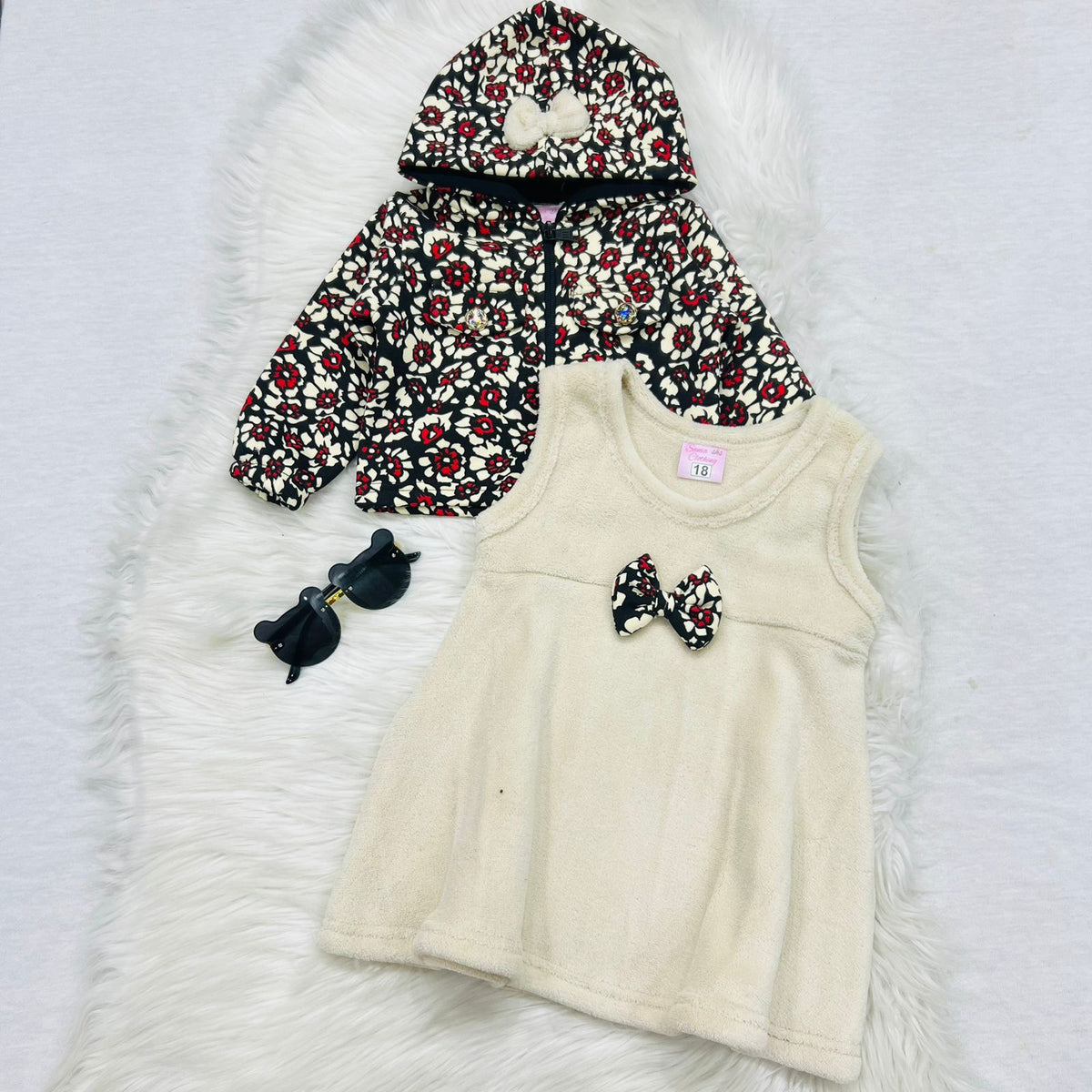 Baby girl's floral-printed zip hoodie and fleece dress outfit set furr frock