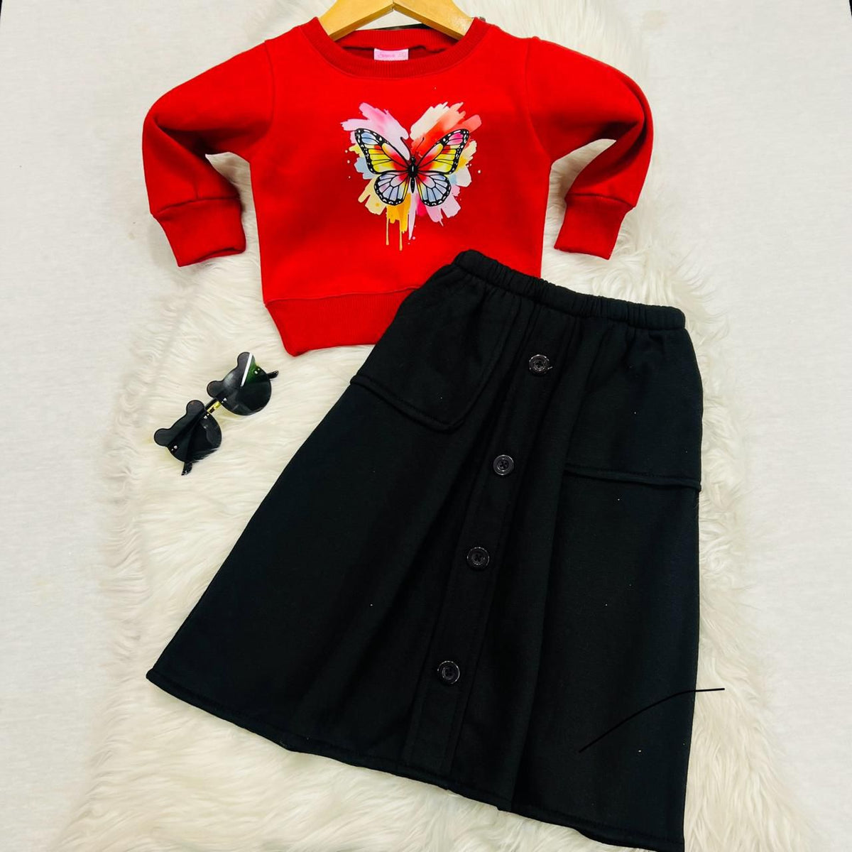 Red Butterfly Top Black Pocket Long Skirt Fleece Stuff