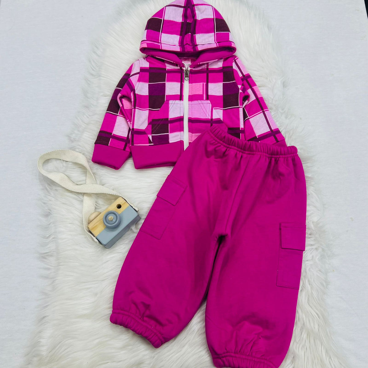 Pink and magenta checkered fleece hoodie and cargo jogger pants set fleece