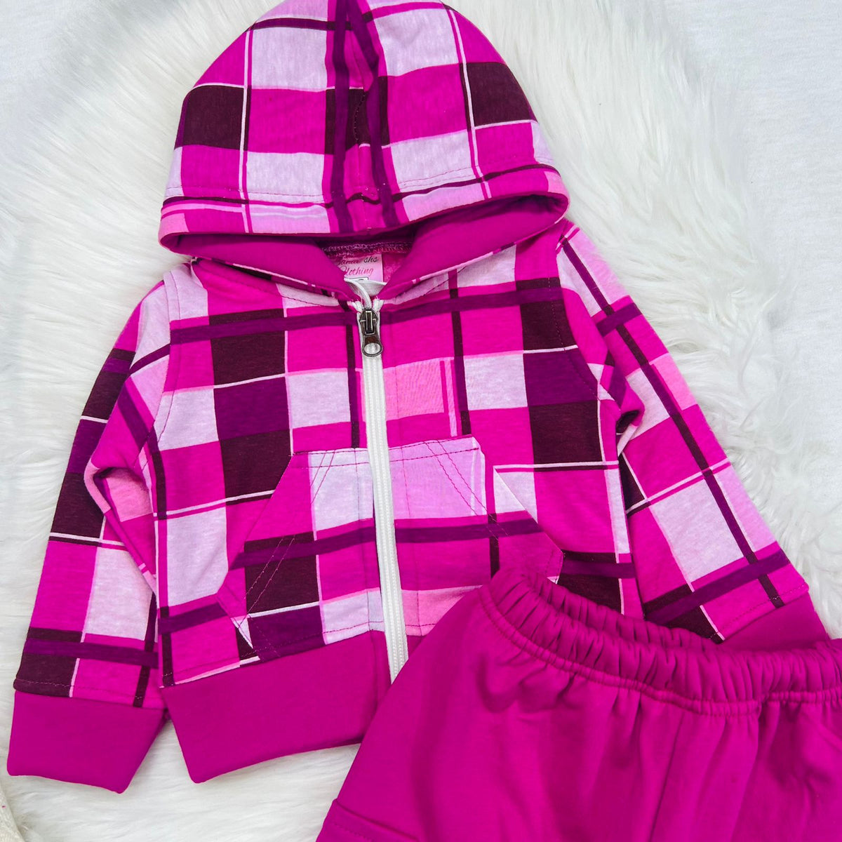 Pink and magenta checkered fleece hoodie and cargo jogger pants set fleece