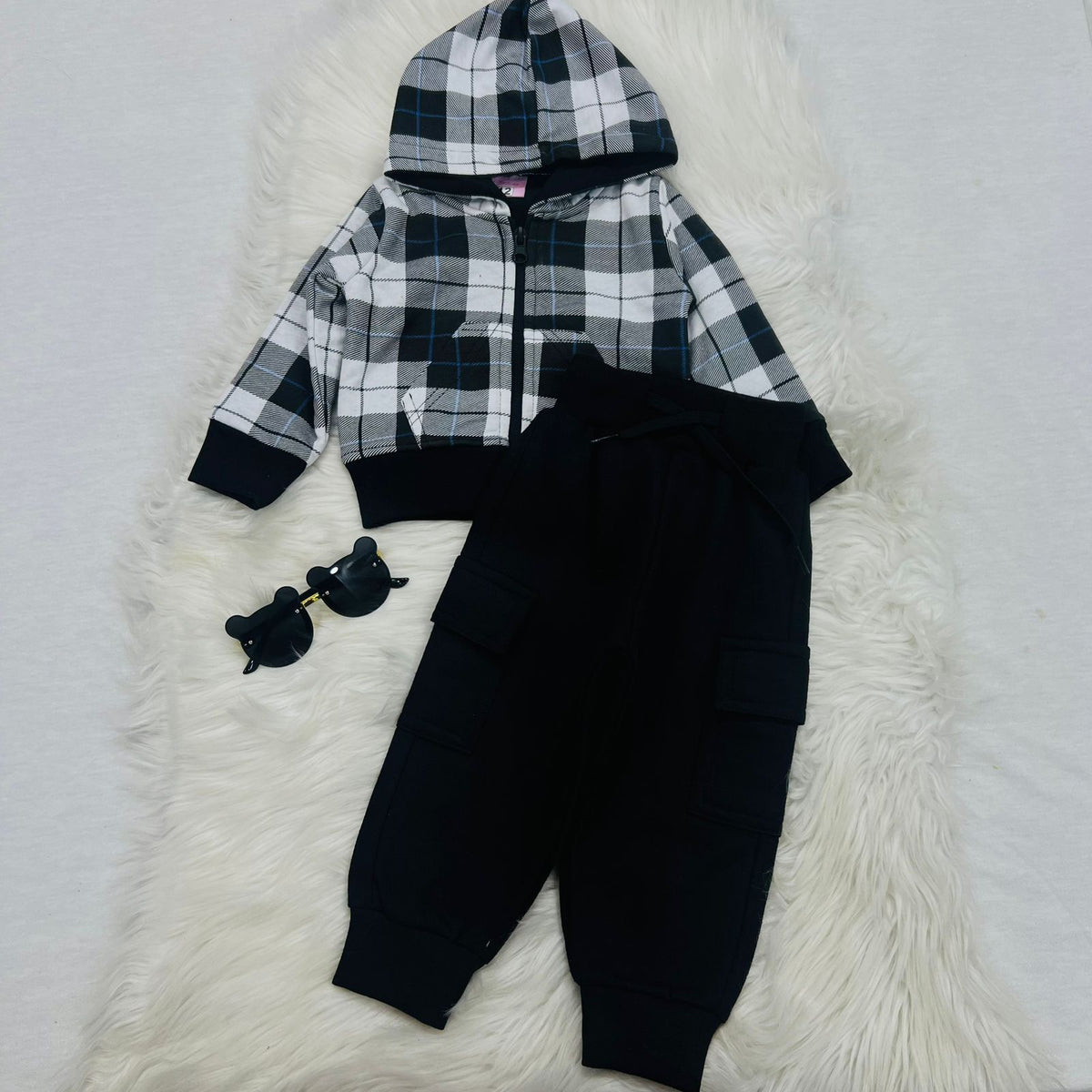 White Black Check hoodie Black Trouser Fleece Stuff