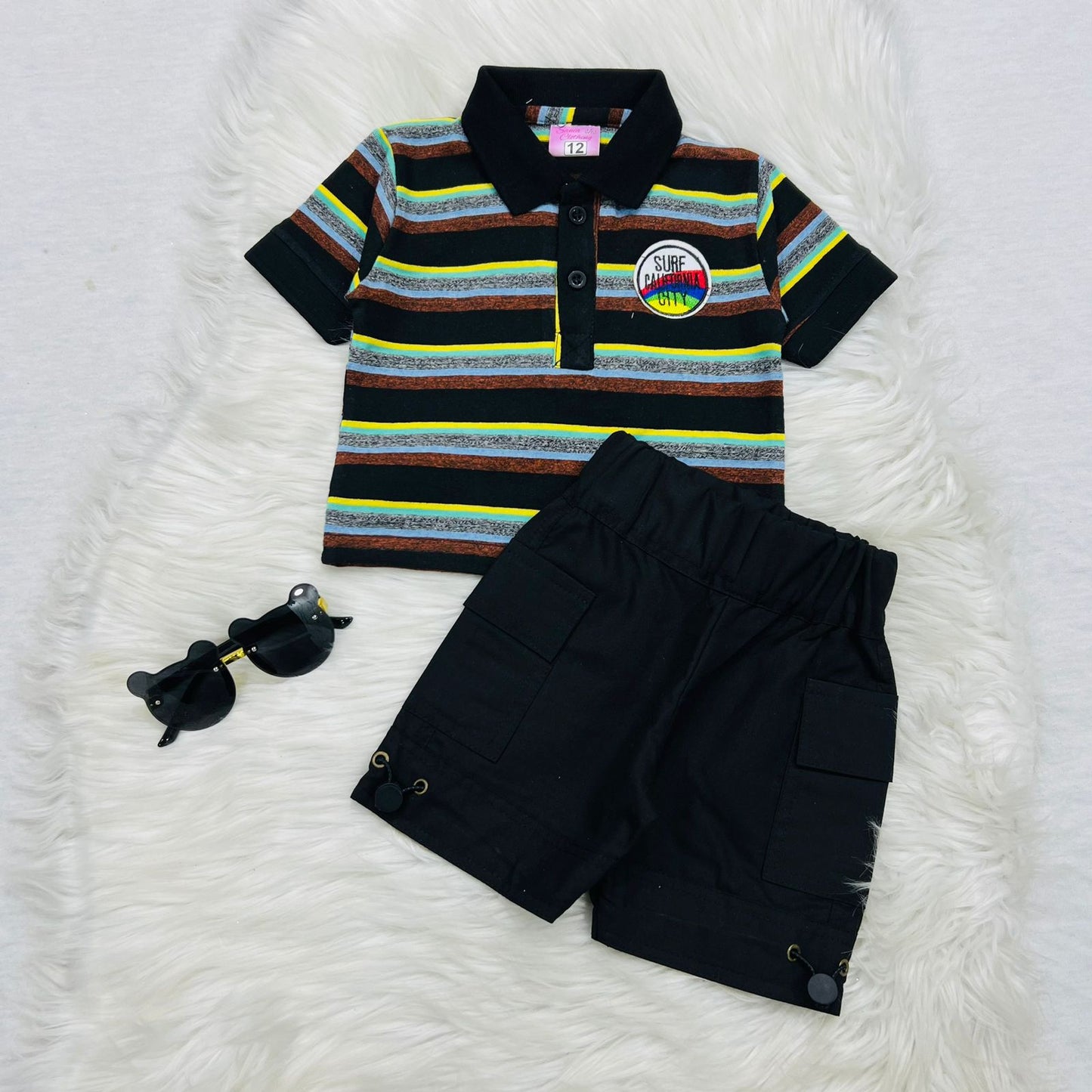 Black Print Polo Blended Short Cotton