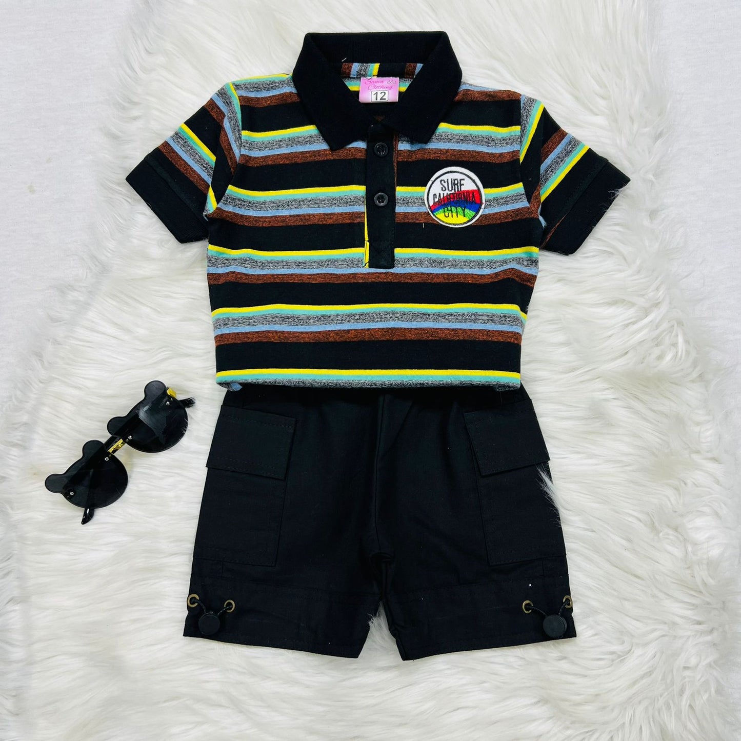 Black Print Polo Blended Short Cotton