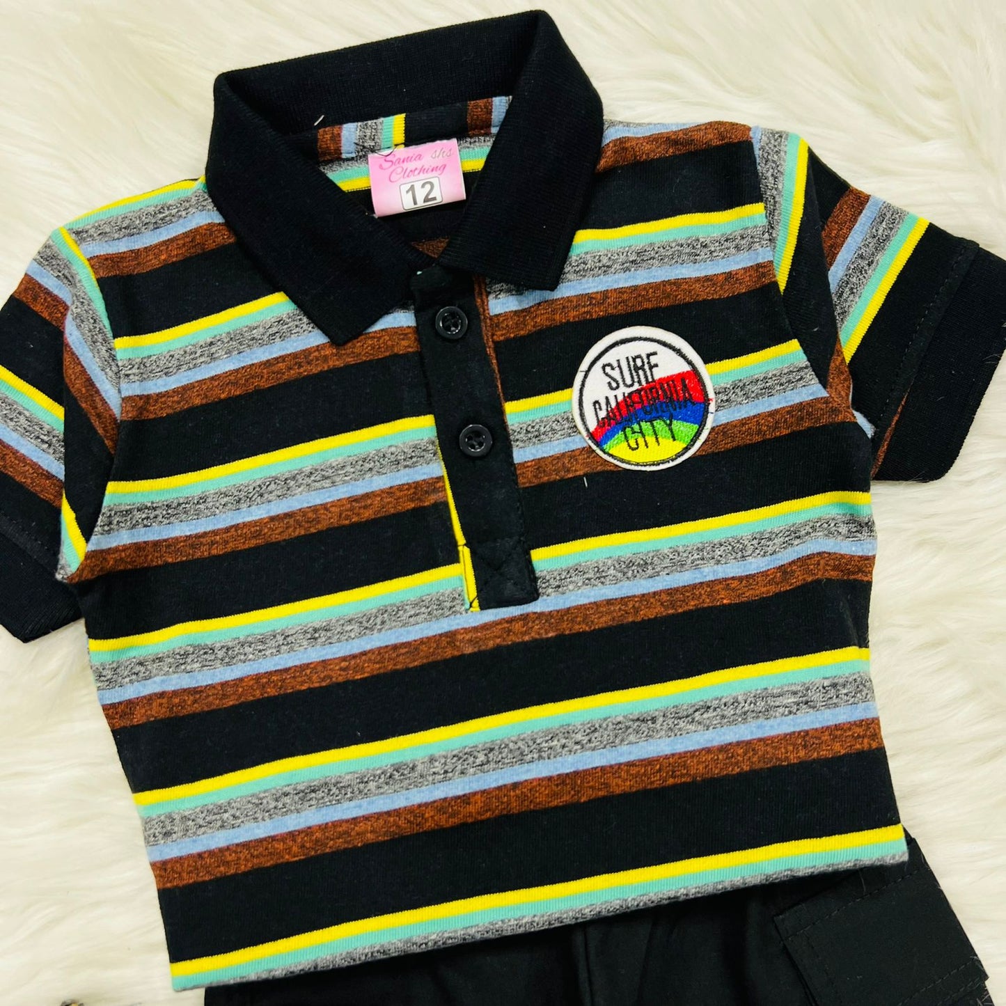 Black Print Polo Blended Short Cotton