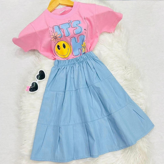 Pink ITS OK Blended Top Sky Long Skirt Cotton