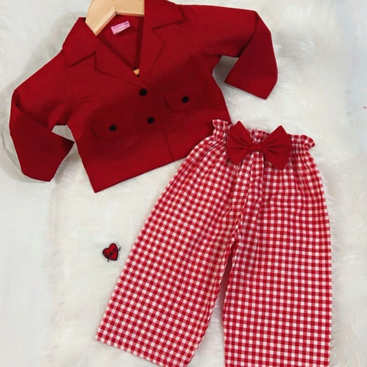 Red Coat Collar Top White Red Check Trouser Cotton