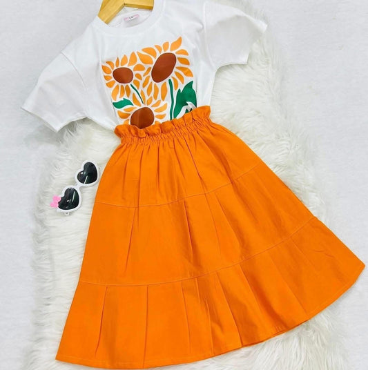 White Sunflower Blended Top Orange Skirt Cotton