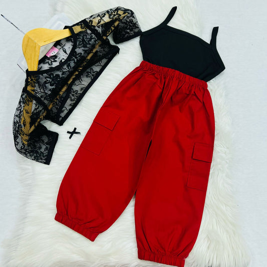 Black Net Coat Black Camisole Top Red Cargo Trouser Cotton Stuff