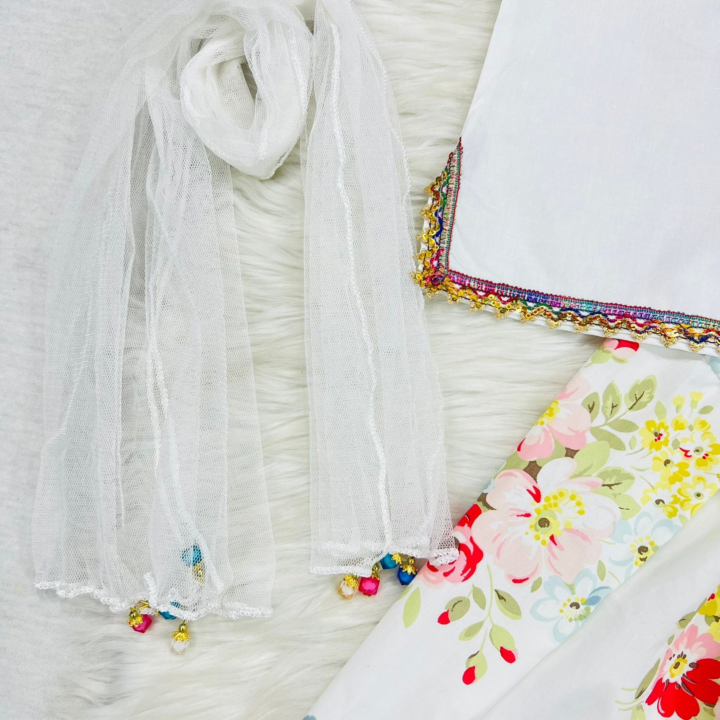 White Kameez White Floral Print Farshi Shalwar Cotton Stuff