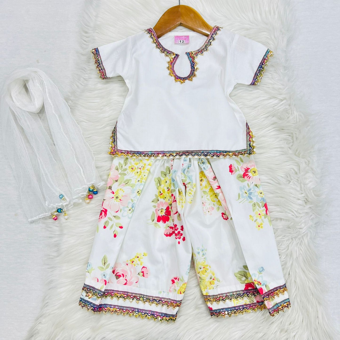 White Kameez White Floral Print Farshi Shalwar Cotton Stuff