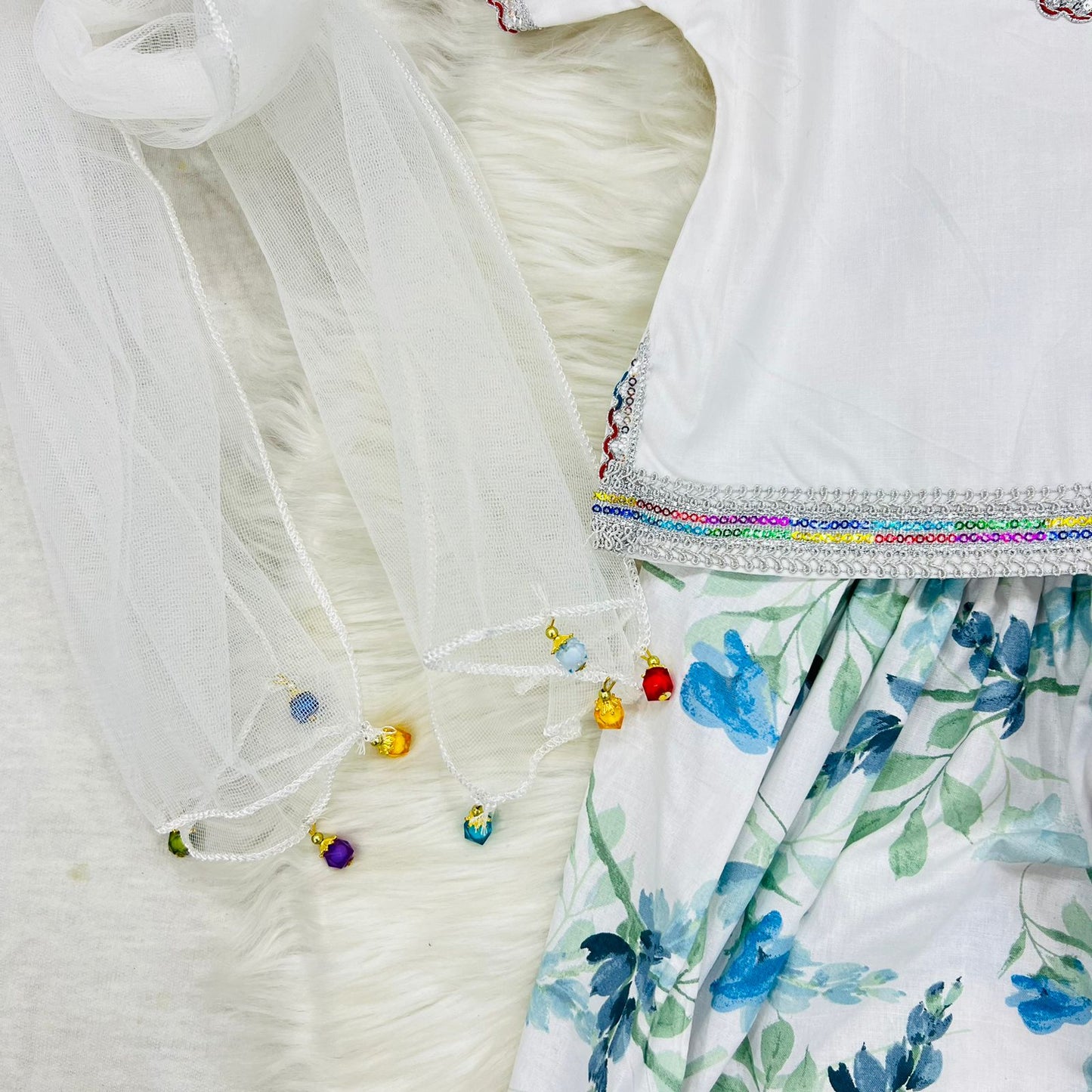 White Kameez Sky White Floral Farshi Shalwar Net Duppata Cotton Stuff