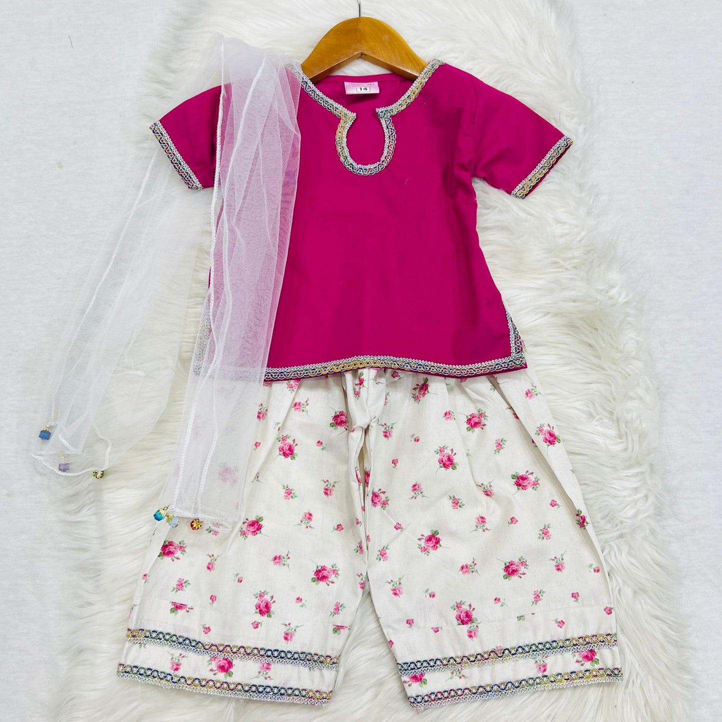 Pink Kameez White Pink Floral Farshi Shalwar Net Duppata