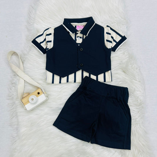Navy Blue & Skin Striped Polo Shirt Navy Waistcot Shorts Blended Stuff