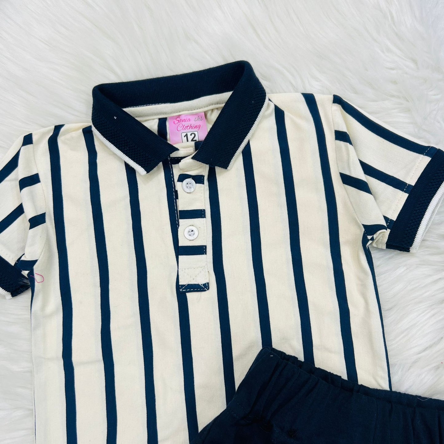 Navy Blue & Skin Striped Polo Shirt Navy Waistcot Shorts Blended Stuff