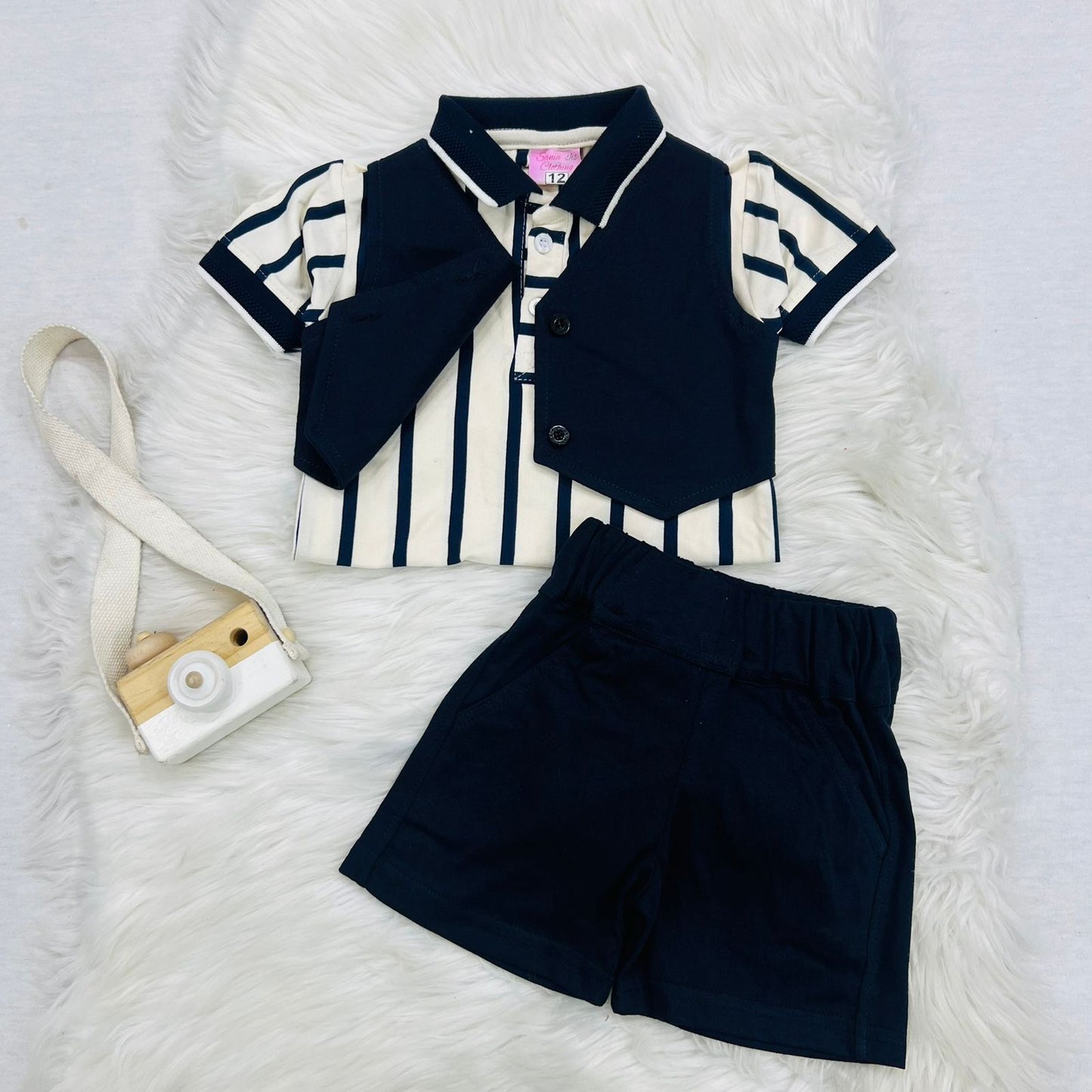 Navy Blue & Skin Striped Polo Shirt Navy Waistcot Shorts Blended Stuff