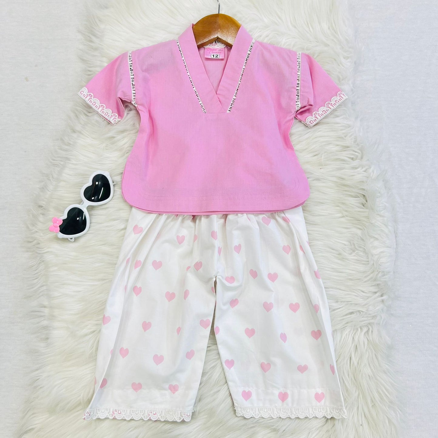 Two Piece Cord Set Pink Rose Top White Pink Rose Heart Print Shlawar Cotton Stuff